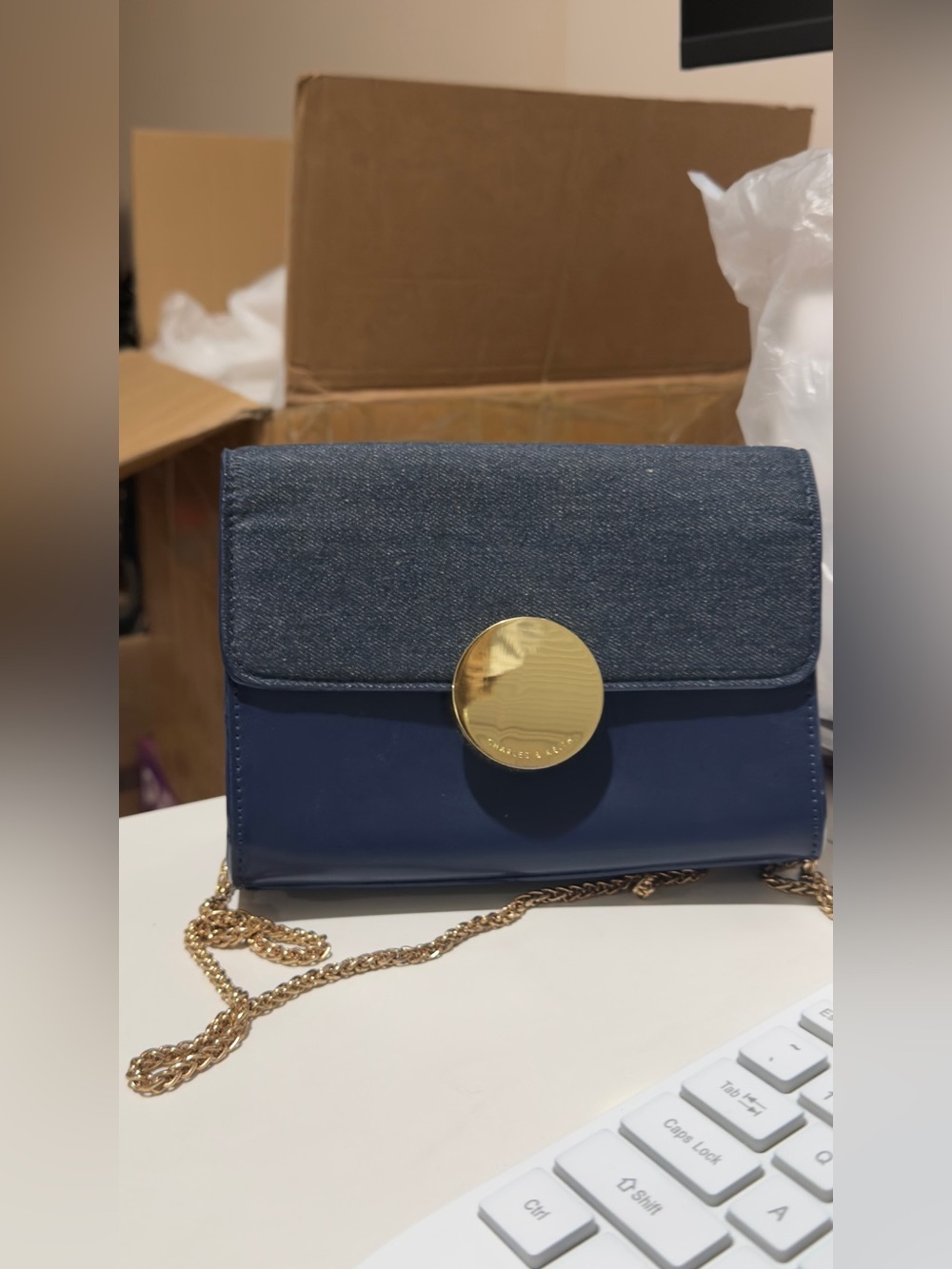Charles & Keith Denim-Trim Navy Crossbody with Gold Hardware - Picture 16 of 17